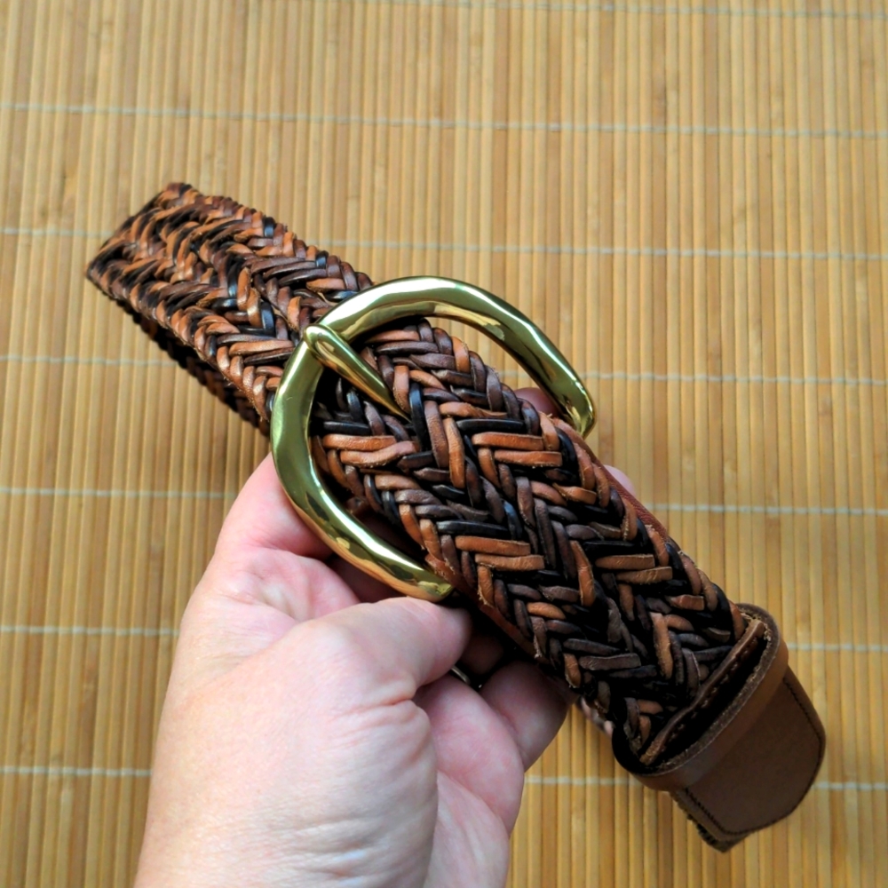 Like new Fossil brown leather belt, braided, fits 33" and smaller